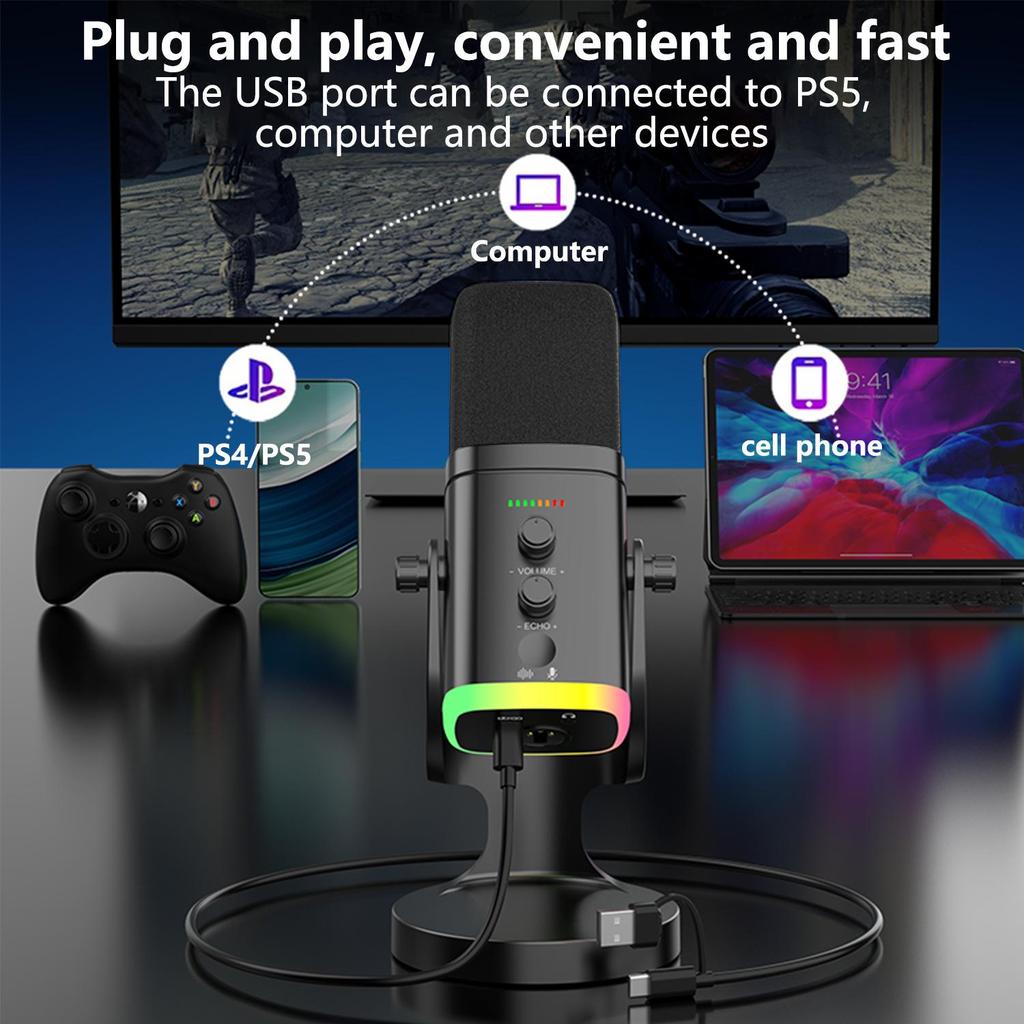מיקרופון קונדנסר USB דינמי RGB עם סינון רעשים למשחקים, סטרימינג חי ושולחן עבודה למחשב.