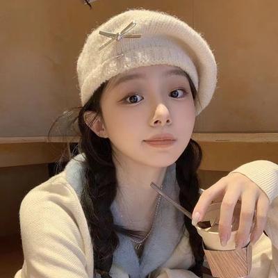 Bow Beret Women's New Autumn and Winter Face Small Gray Knitted Hat Warm Wool Hat Versatile