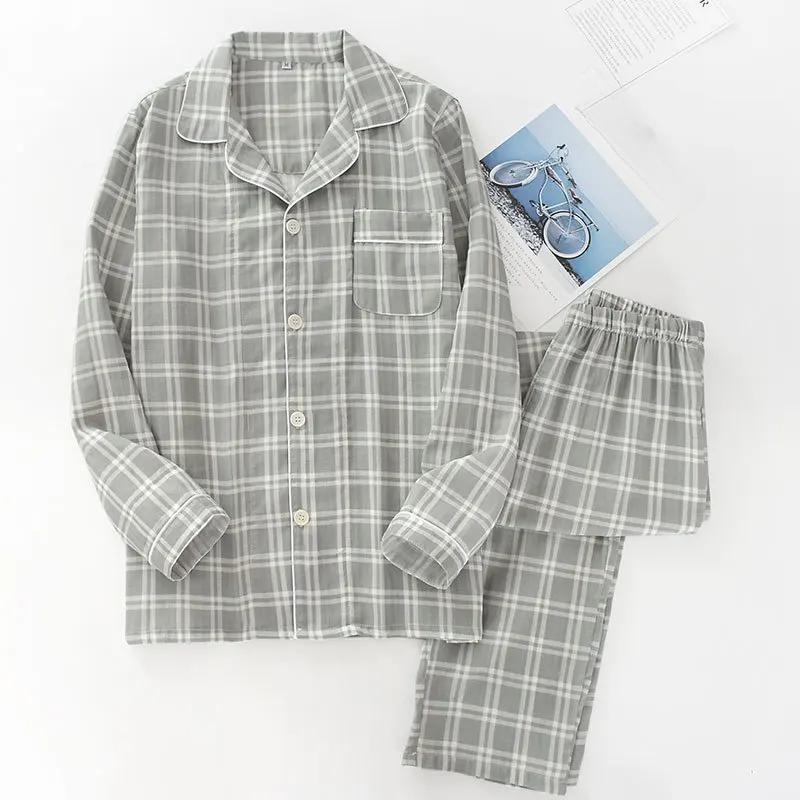 Spring and Autumn Mens Pajamas Long-sleeved Trousers Cotton Double Gauze Lattice Large Size Suit Home Service Men's Pajamas Suit