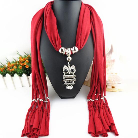 Langer Fransen-Schal für Damen, einfarbig, Retro-Eulen-Anhänger-Halskette, Schal, Kostüm-Accessoires