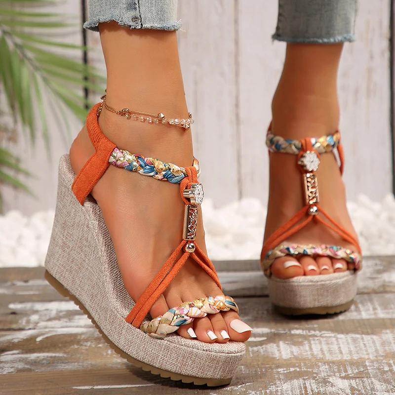 Fashion Plus Size Fashion Wedge Heel Sandals for Women Summer Bohemian Non Slip Beach Shoes Woman Braided Strap Chunky Platform Sandals