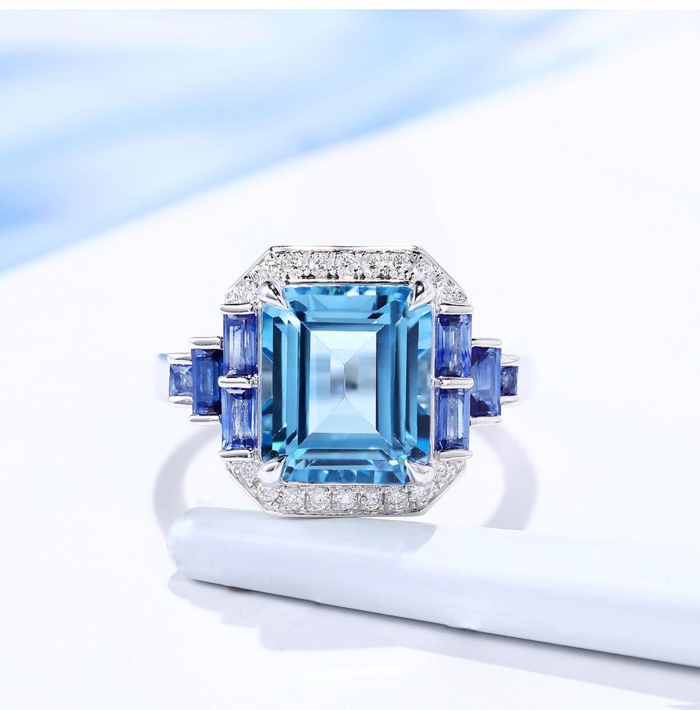 Light Luxury High-End Jewelry Simulation Topaz Aquamarine Ring Pendant Temperament Princess Square Diamond Colorful Treasure Set