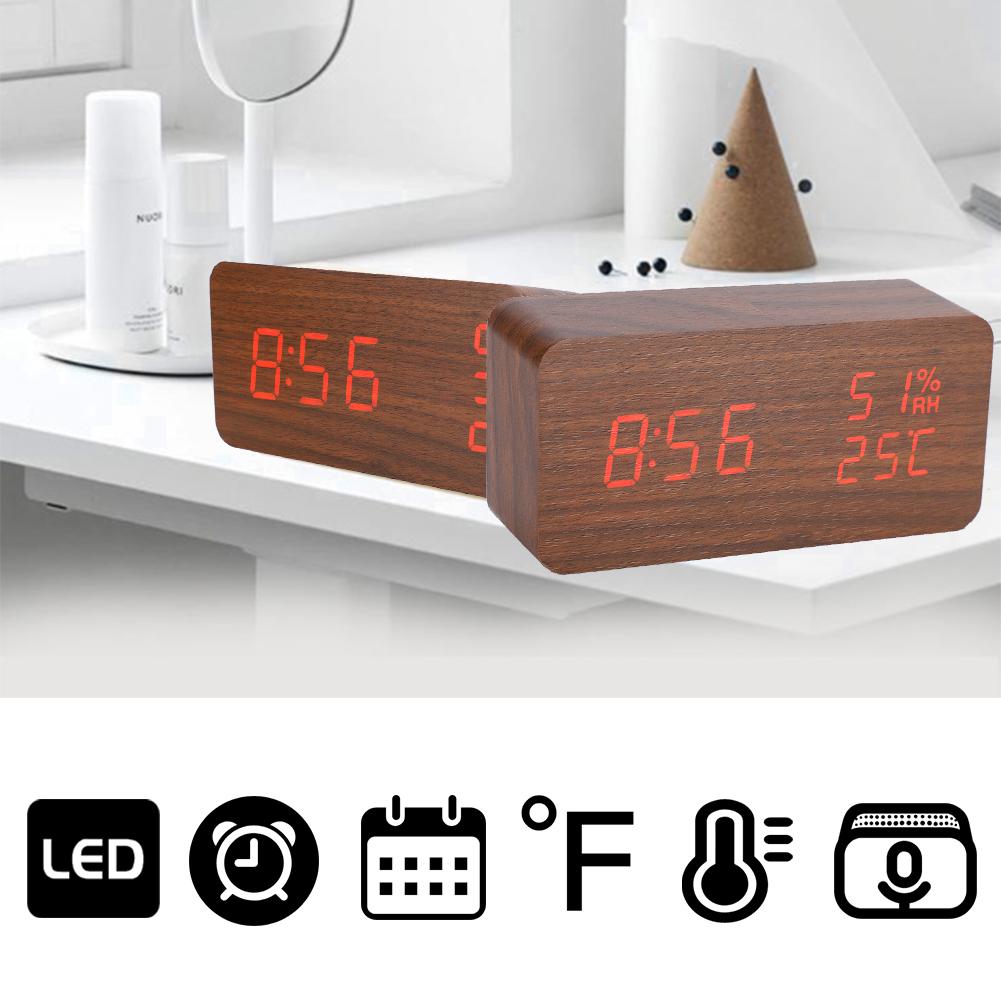 Wooden Alarm Clock LED Voice Control Desk Rectangular Brown Wood Red Light Digital Clock
