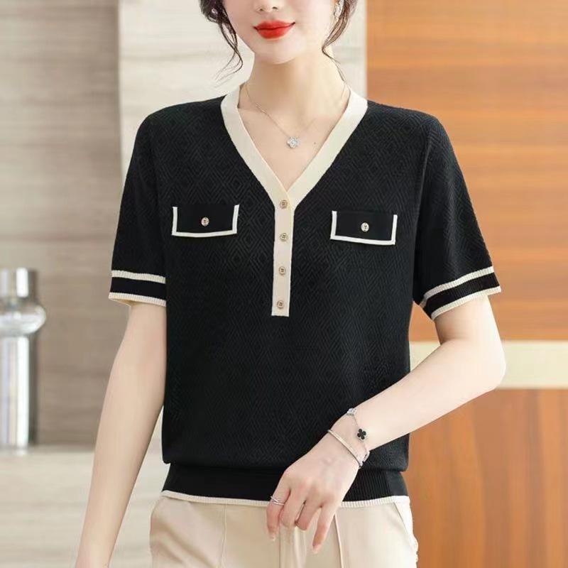 Tricou cu mânecă scurtă din tricot din mătase de gheață, cu decolteu în V, pentru femei