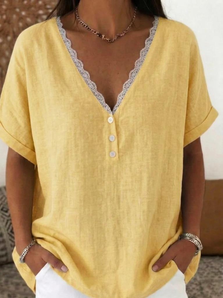 Women V Neck Short Sleeve Blouse with Lace Trim Solid Color Casual Loose Fit Summer Top