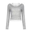 Minimalist Style Two-piece Knitted Pit Stripe T-shirt for Women's Autumn Solid Color Top Base Shirt