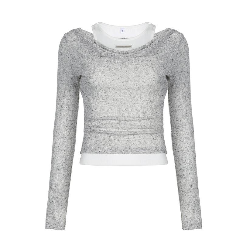 Minimalist Style Two-piece Knitted Pit Stripe T-shirt for Women's Autumn Solid Color Top Base Shirt