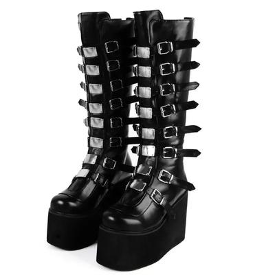 Brand Design Female Wedges High Heels Thigh High Boots Fashion Black Platform Boots Gothic for Women Cosplay Shoes Woman Autumn