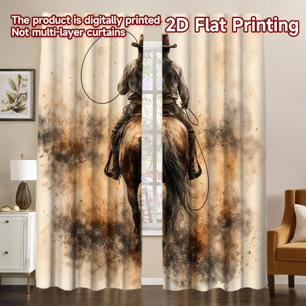 2D FLAT PRINTING 2pcs Curtains (Without Rod) On Horseback Fashionable Chic Curtains Polyester Curtains Festive Perfect for Grey,