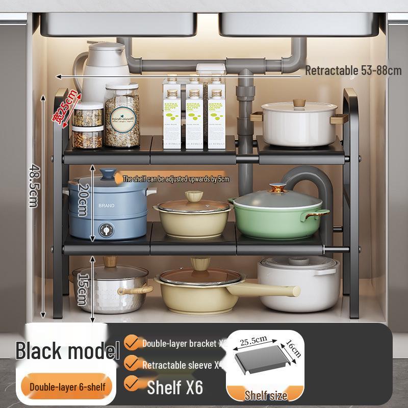 Retractable Under-Sink Tiered Shelf and Pot Storage Rack