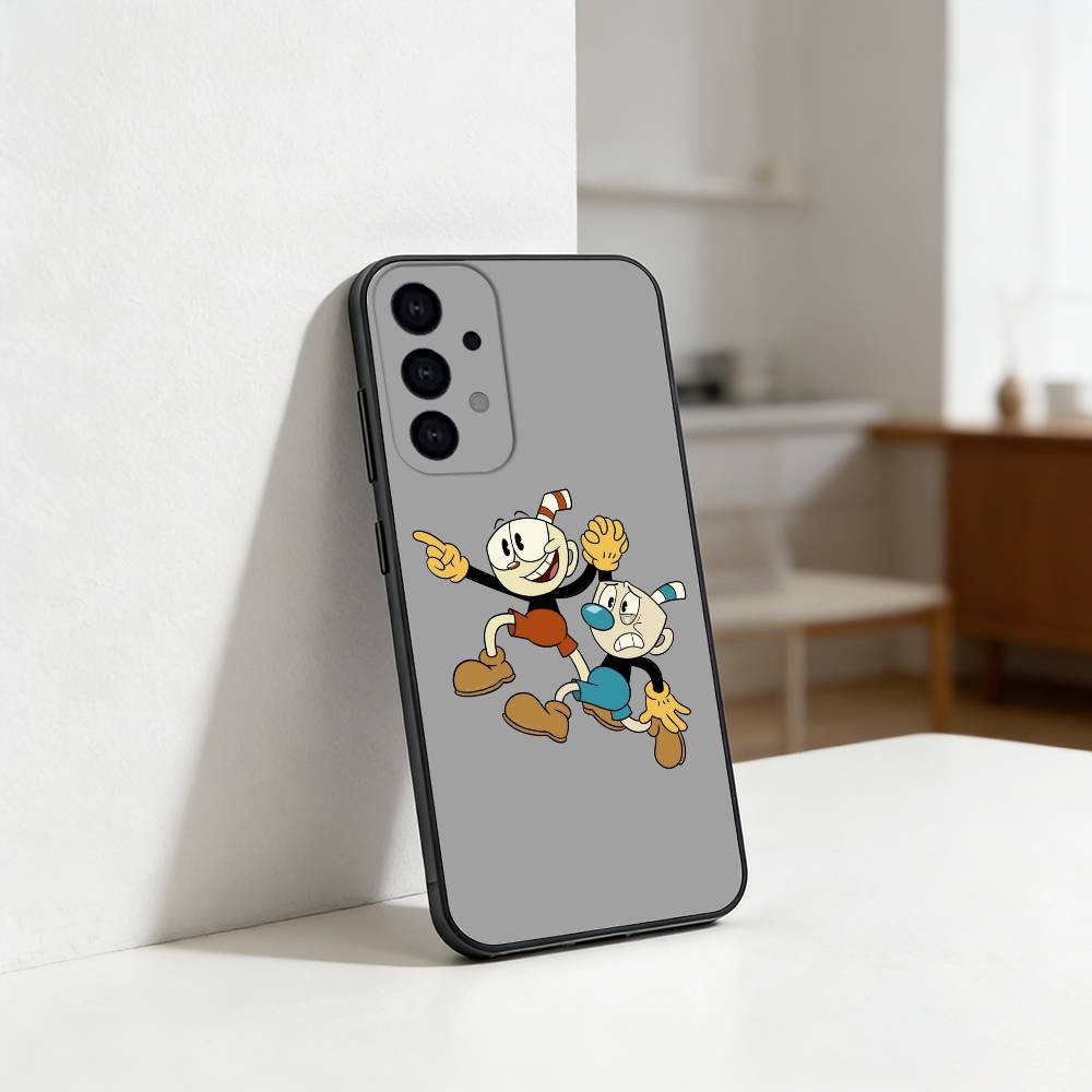 Cute CupHead And MugMan Phone Case For Samsung S25,24,23,22,30,21,10,9,Ultra,Plus,Lite Soft Black Case Samsung S22plus5G