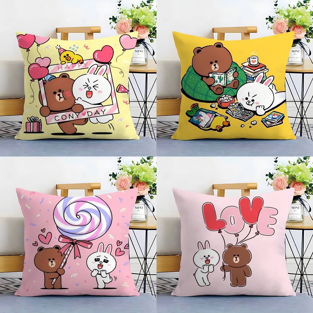 B-Brown Bear and C-Cony Pillow Case Plush Fabric Soft Double Sided Print Sofa Cushion Cover Throw Pillow Covers