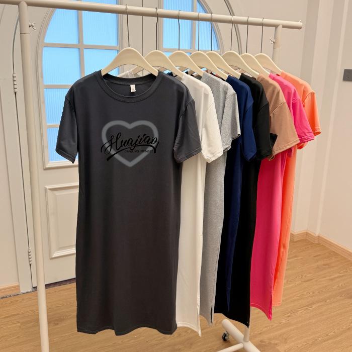 A Loose, Large-sized, Hong Kong-style Design Short-sleeved, Mid-length, Slit T-shirt Dress for Women In Summer