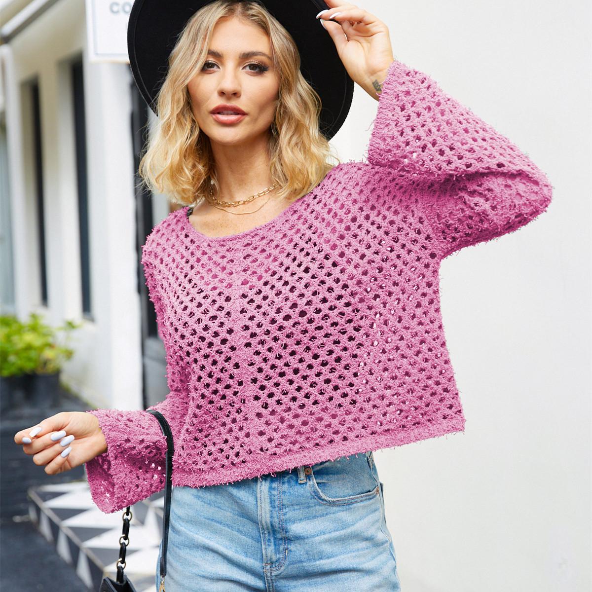 

QICED женские модные повседневные однотонные принты осень-зима с длинными рукавами и круглым вырезом свободные свитера XL розовый