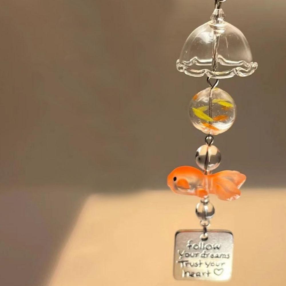 

Transparent Glass Keychain Cute Goldfish Wind Chime Pendant Keyring Mobile Phone Lanyard Bag Decorative Chain Kawaii Key Chain
