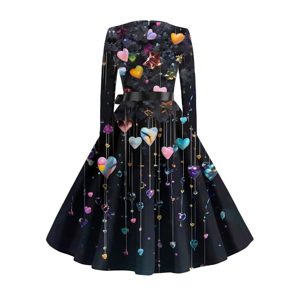 Damen Casual Mode Langarm Vintage Lange Kleider Frühling Valentinstag