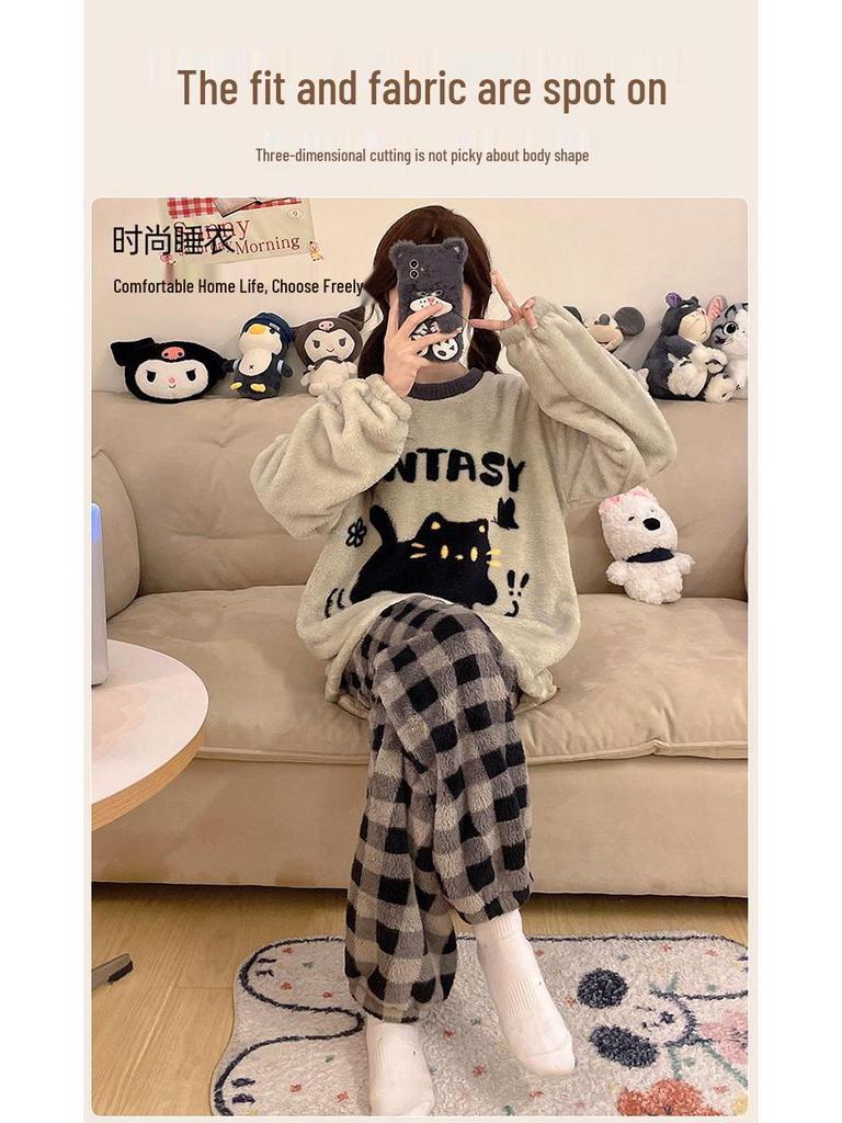 Damski Słodki Kreskówkowy Flanelowy Zestaw Piżamowy - Gruby, Podszyty Polarem i Przytulny na Jesień i Zimę