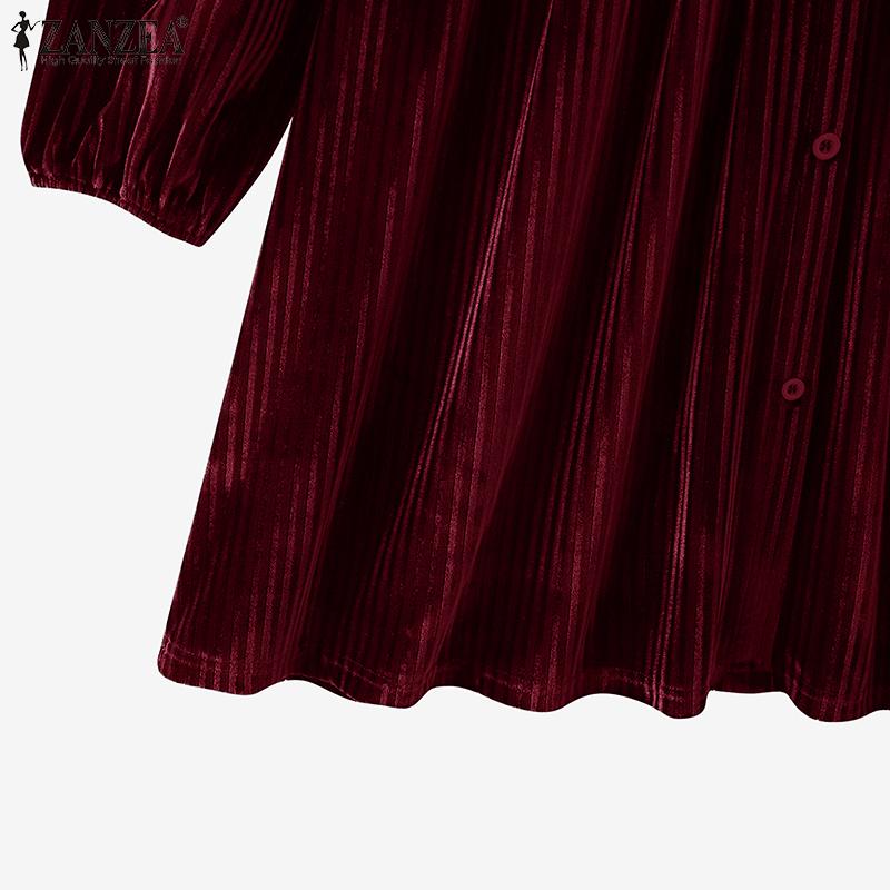 ZANZEA Damen Vintage Stehkragen Langarm Taille Samtkleider