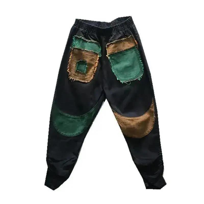 Patchwork Kapesní volné džínové kalhoty Dámské Vintage Streetwear Harem Jeans Dámské 2023 Podzim Dámské kalhoty s vysokým pasem