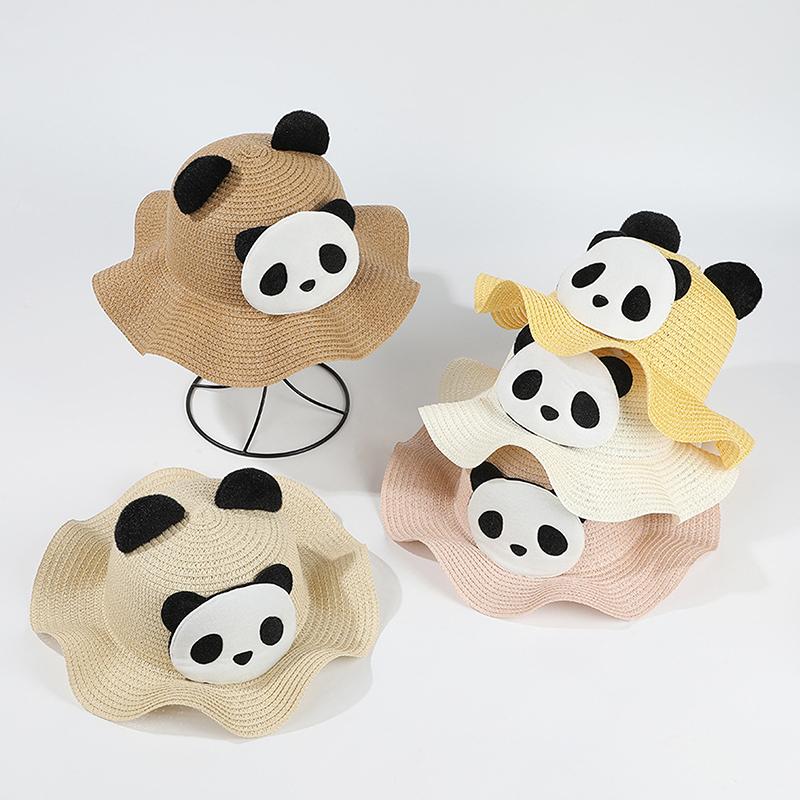 Cute Panda Straw Hat For Travel Beach Kids Summer Sun Protection Fisherman Cap Children Sunscreen Basin Caps 2-6Year Baby Visors
