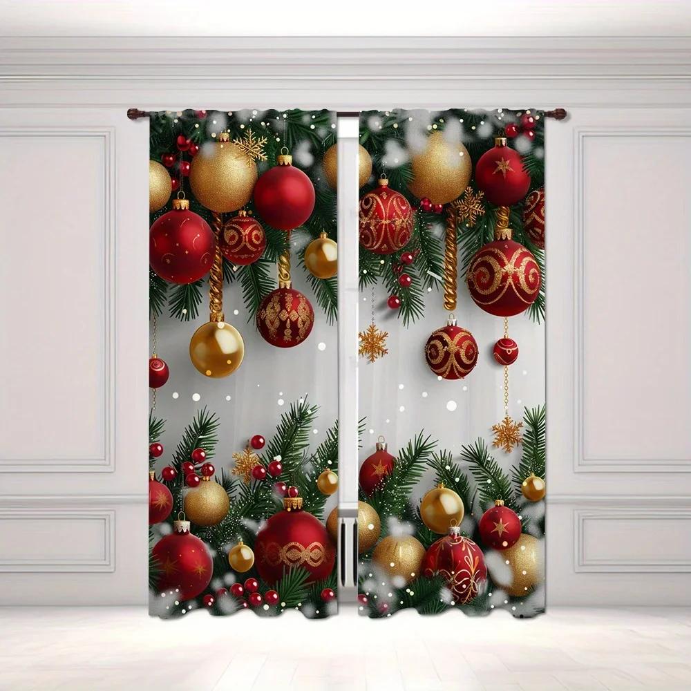 Set Of 2 Christmas Deer Bell Pine Branch Patterns Curtains Mount Digital Printed Polyester Living Room Kitchen Made Area Window Treatment