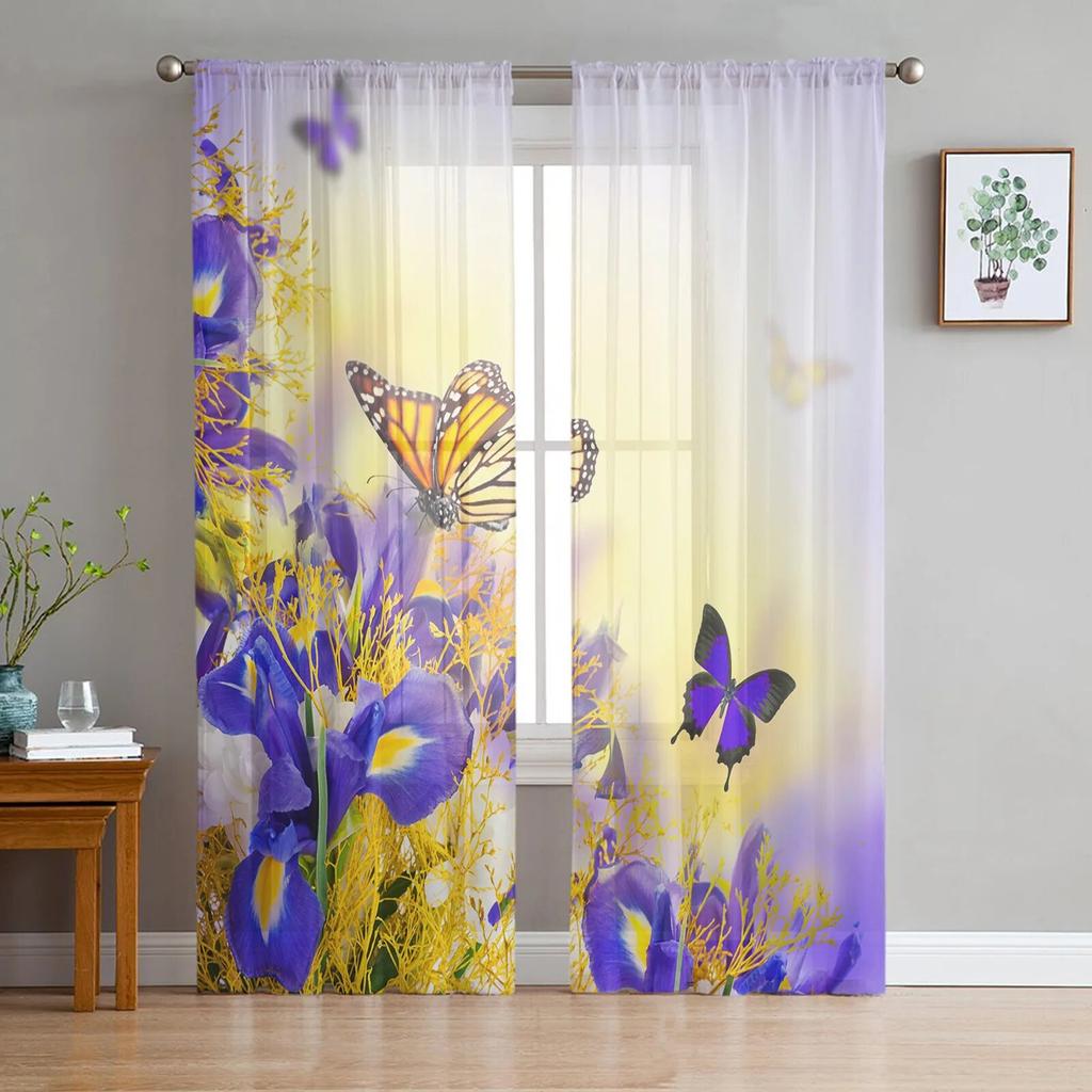 Animal Butterfly Flower Blue Rose Window Tulle Curtains For Living Room Bedroom Hotel Luxury Decoration Sheer Curtains