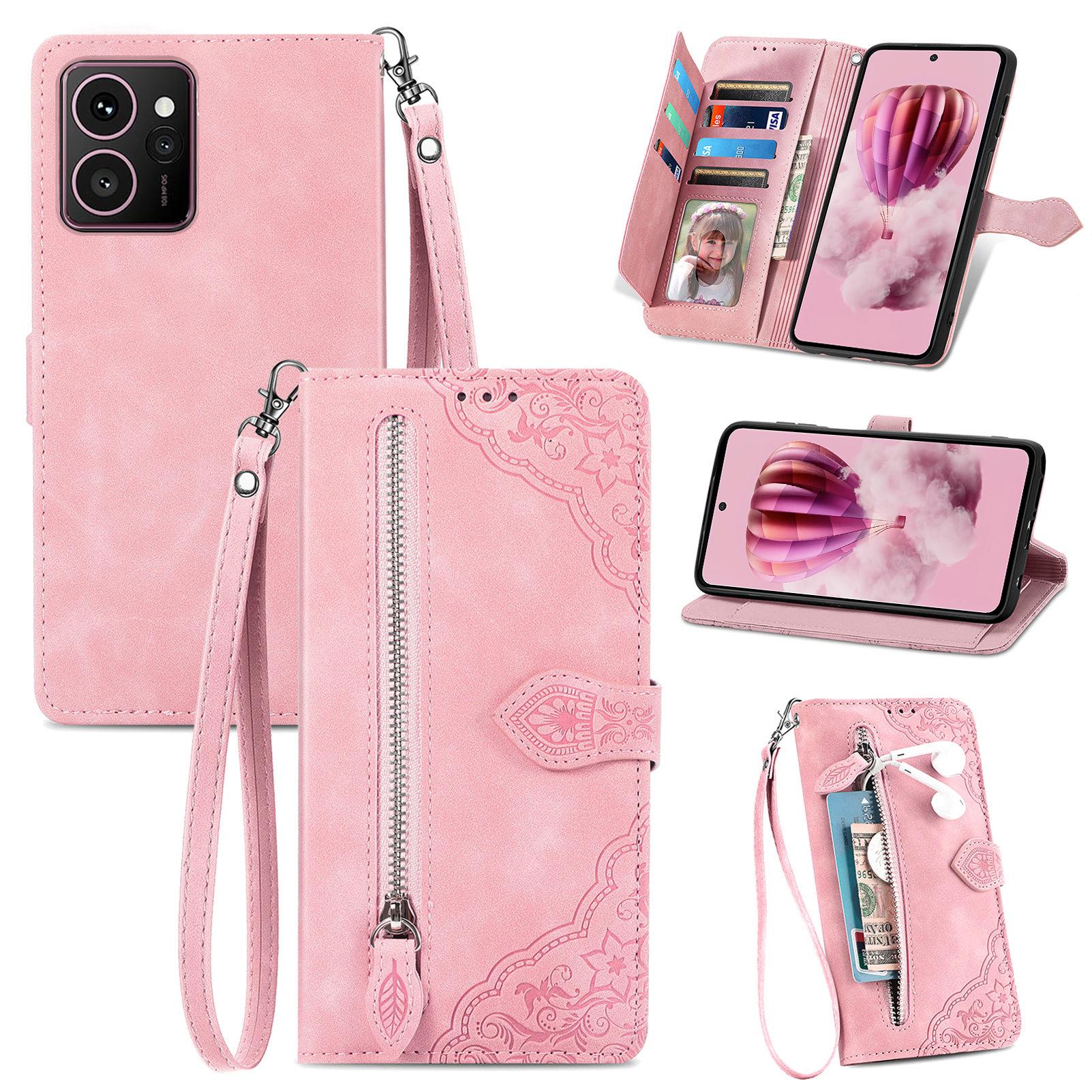 

Для HMD Skyline Чохол-гаманець на блискавці з ремінцем PU шкіра з квітковим тисненням чохол для телефону Pink