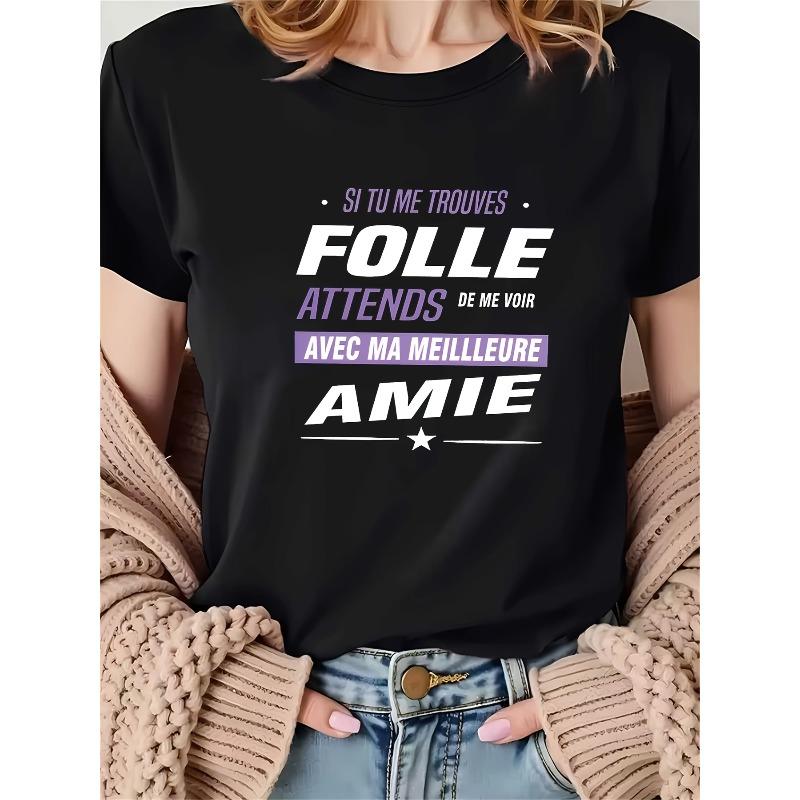 

Women s French Phrase T-Shirt Si Tu Me Trouves Folle Funny Slogan Top - French Letter Print Round Neck Short Sleeve Blouse-Compatible Basic Tee S чёрный