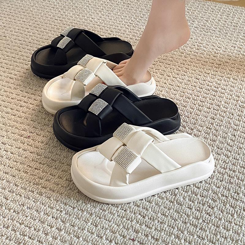 Outer Wear One Word Slippers Summer Muffin Thick Bottom Rhinestone with Skirt Wear Thin Beach Sandals Female Fashion Women Summer Breathable Shoes