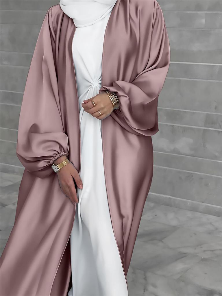 Elegant 2026 Satin Puff Sleeve Cardigan Dress for Women - Middle Eastern Fashion