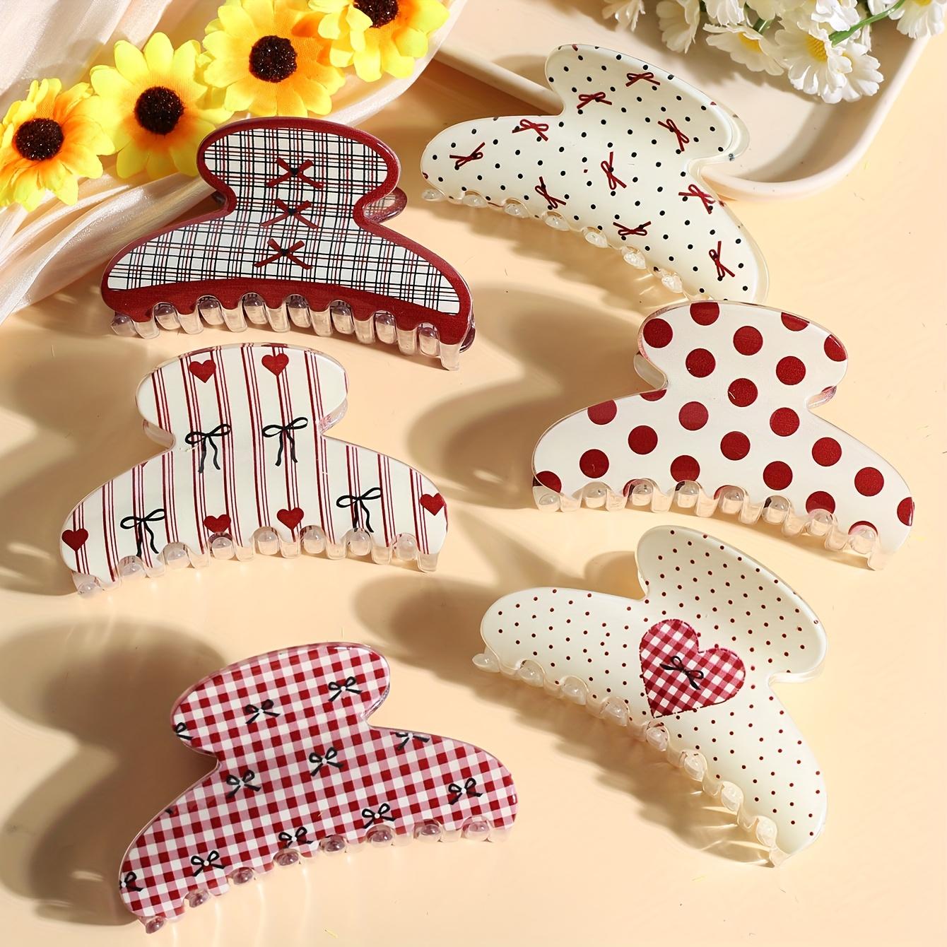 

6Pcs Bow Heart Print Hair Claw Clips, fresh summer college style, suitable for daily life, party and driving. 6pcs