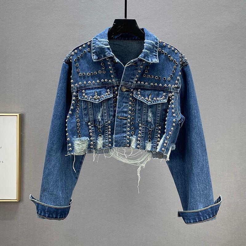 Womens Distressed Denim Jacket With Rivets