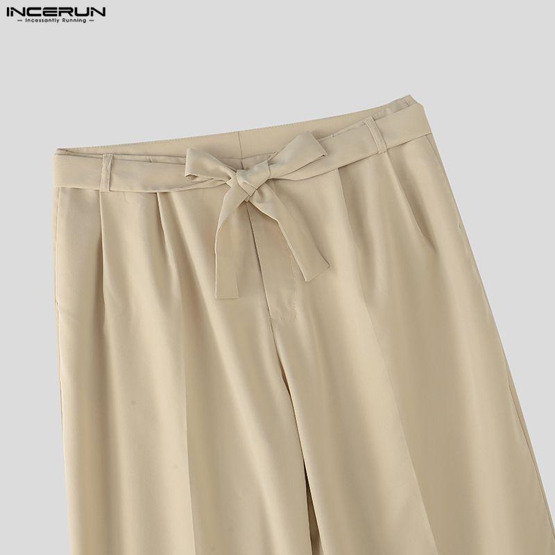 INCERUN Men's Zip-up Waist Casual Pleated Trousers Loose Wide Leg Pants with Belt Slacks