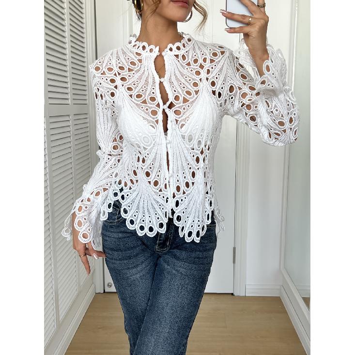 2026 Autumn New Lace Hollow Out Solid Color Top Fashionable Casual Long Sleeve Shirt for Women S белый