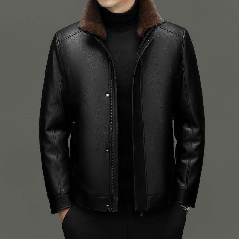 Men's Down Leather Jacket Men's Winter Jacket Genuine Leather Plus Velvet Thickened Removable Liner Fashionable Warm Dad Clothes