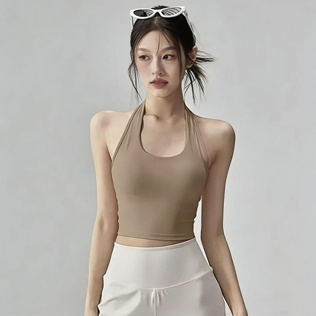 Women's Halter Neck Yoga Tank Top with Chest Pads & Cross Straps - Sexy Fitness Camisole Crop for Pilates
