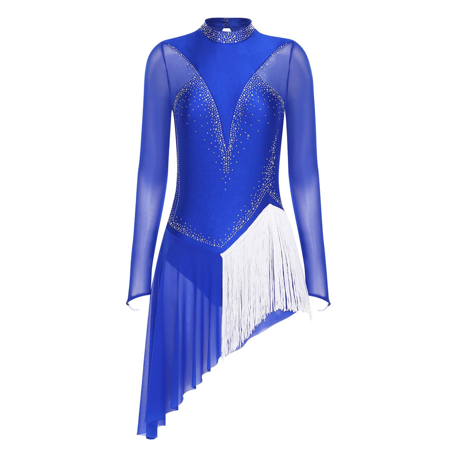 

Womens Long Sleeve Skating Dress Sparkle Rhinestone Backless Irregular Hem Side Fringe Leotard Gymnastics Costume S