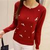 Autumn New Korean Version Slim Fit Plum Blossom Embroidery Round Neck Base Knitted Sweater Long Sleeved Women's Pullover Sweater Winter