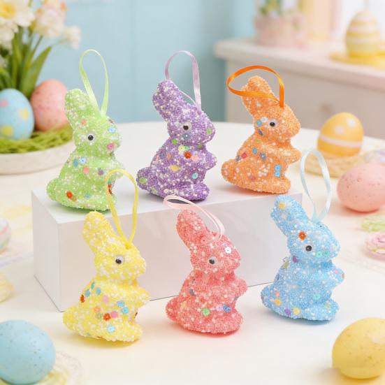 6Pcs Easter Foam Bunny Decorations Colorful Glitter Bunny And Egg Shapes Simple Hanging Wall Art for Party Spring Crafts Kindergarten And Home Decor