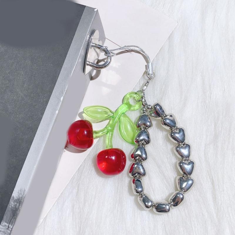 Stylish Beaded Cherry Pendant Keychain For Phone Or Keys Sturdy Alloy Material Compact Rope Construction