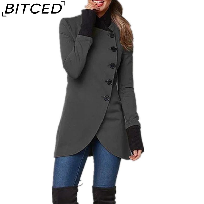 BITCED Women's  Autumn/Winter Solid-Colour Single-Breasted Long-Sleeved Coat with Patchwork Hem and Slit