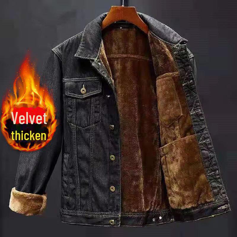 

Мужская джинсовая куртка больших размеров с бархатной подкладкой - осенне-зимнее пальто с хлопковой подкладкой L чёрный
