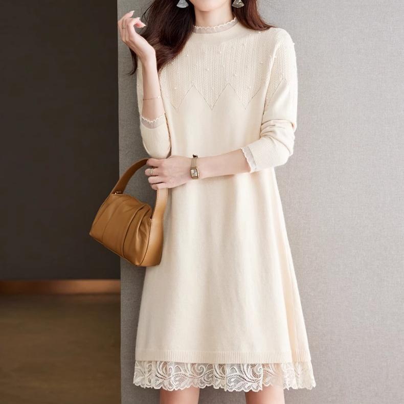 Lace Half Turtleneck Sweater Solid Color Loose Pullover for Women Casual Long-sleeved Knitted Dress for Autumn and Winter