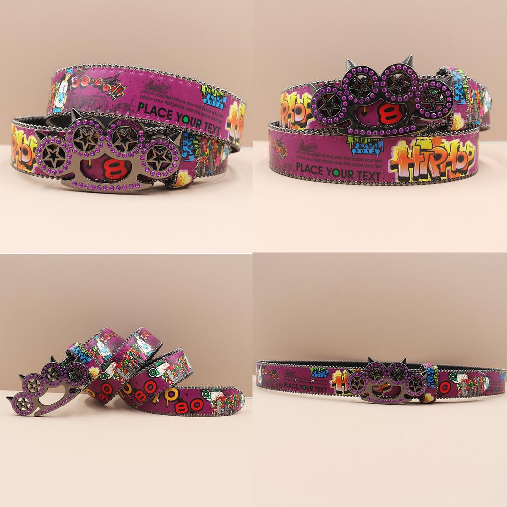 Tiger Claw Rhinestone Buckle Head Smooth Buckle Printed Graffiti Casual Personalized Belt Belt European and American Versatile