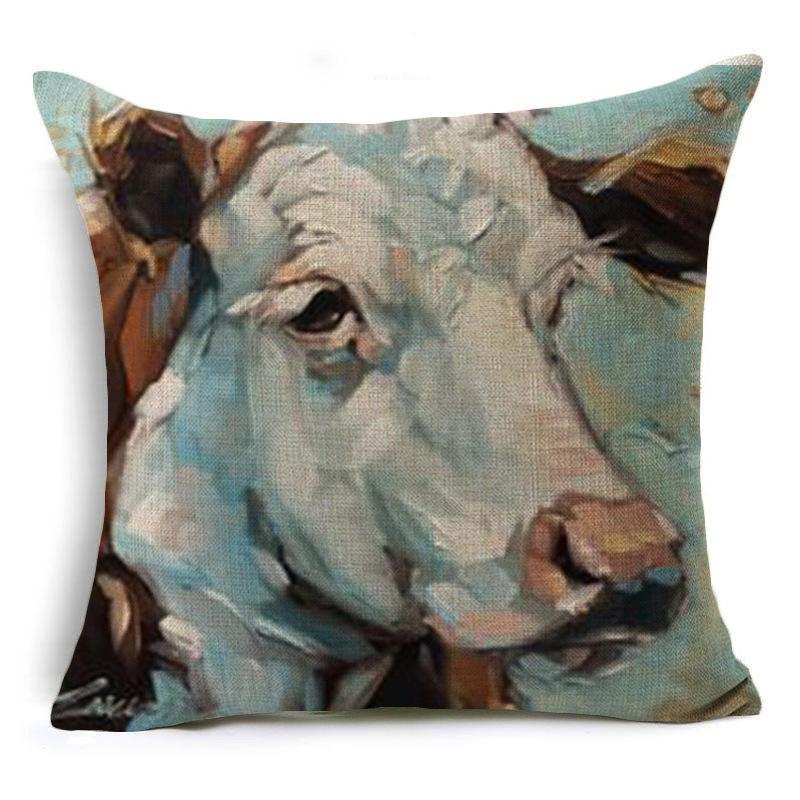 Retro Oil Painting Animals, Cow, Pig and Dog, Linen Pillow, Pillow Case, Pillow