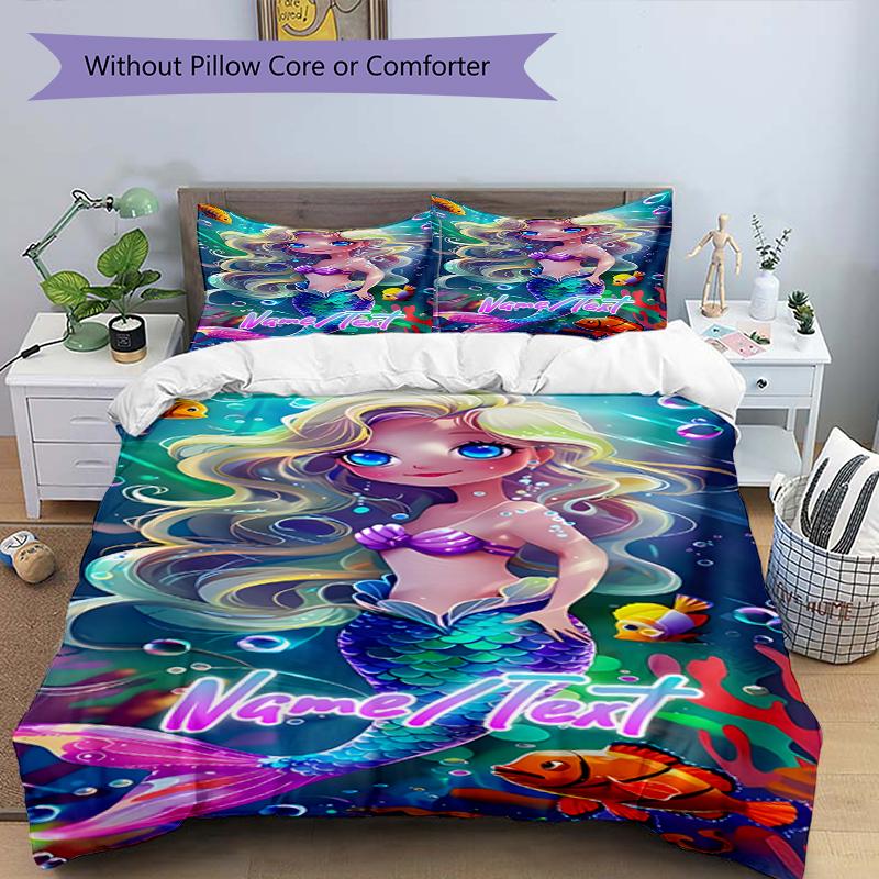 3PC Custom Name Mermaid Fantasy Underwater World Bedding Set Duvet Cover Closure Includes 1 Duvet Cover & 2 Pillowcases for Bedroom