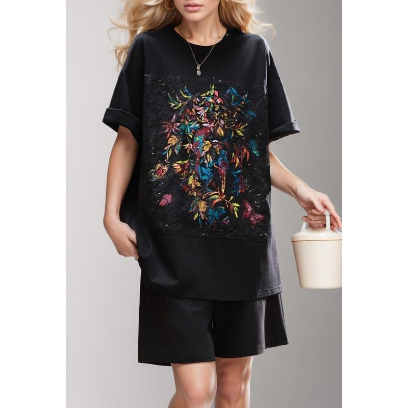 

DIMANAF, лето 2024, женская кружевная хлопковая футболка больших размеров, винтажные свободные базовые футболки в китайском стиле с принтом, одежда M чёрный