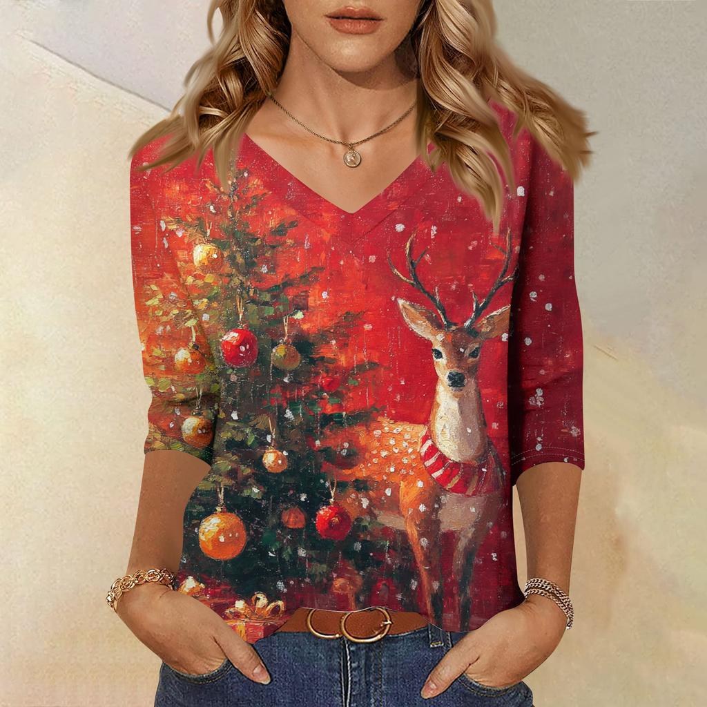 3/4 Sleeve Shirts For Women Print Christmas Tees Blouses Casual Plus Size Basic Tops Pullover