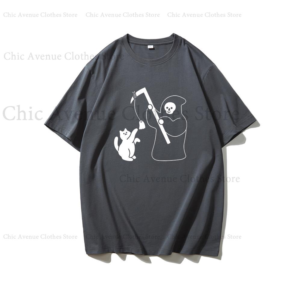 Funny Print REAPER LOVES CATS Cotton Tshirt for Halloween Short Sleeve Tee Summer Tops Women Unisex Tshirt Unisexs Tshirts