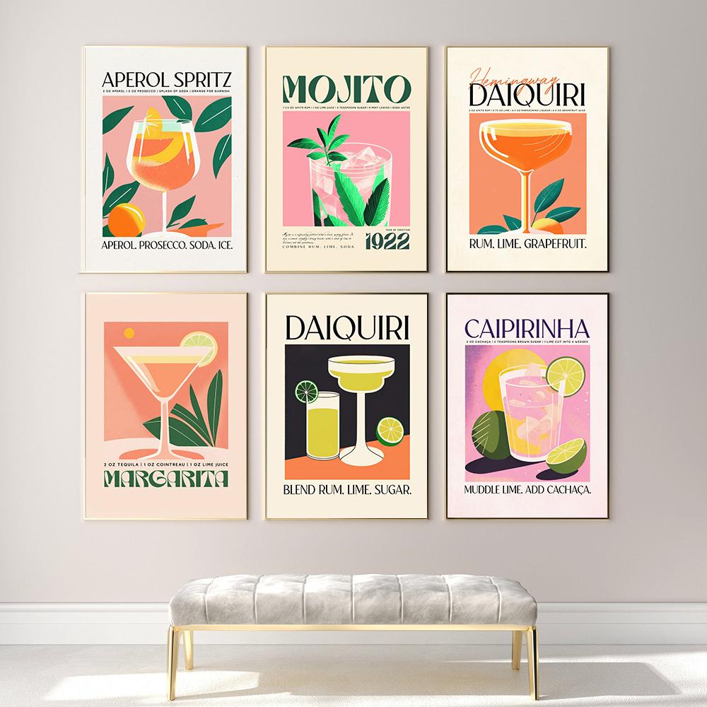 Margarita Mojito Daiquiri Koktejl Boho Plakát a Tisk Tropické Caipirinha Nápoje Barevné Obrázky Pro Kuchyň Bar Klub Nástěnná Dekorace
